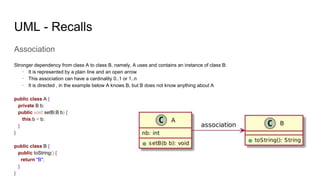 Association
Stronger dependency from class A to class B, namely, A uses and contains an instance of class B:
· It is represented by a plain line and an open arrow
· This association can have a cardinality 0..1 or 1..n
· It is directed , in the example below A knows B, but B does not know anything about A
public class A {
private B b;
public void setB(B b) {
this.b = b;
}
}
public class B {
public toString() {
return "B";
}
}
UML - Recalls
 