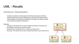 Inheritance / Generalization
· Inheritance enables to create classes hierarchies sharing same attributes
· Children classes also have the attributes and methods of the parent classes,
· These attributes and methods are defined for the objects the children classes.
· This mechanism enables Polymorphism
Properties
· Transitivity: If B inherits from A and C inherits from B then C inherits from A
· Not reflexive: No class can inherit from itself
· Not symmetric: If B inherits from A, A does not inherit from B
· Not cyclic : If B inherits from A and C inherits from B then A can't inherit from C
UML - Recalls
 