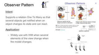 Intent:
Supports a relation One To Many so that
several objects get notified when an
object changes its state and can react.
Application:
- Widely use with IHM when several
elements of the view change when
the model changes.
Observer Pattern
 