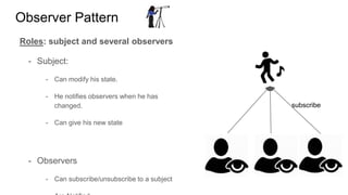 Roles: subject and several observers
- Subject:
- Can modify his state.
- He notifies observers when he has
changed.
- Can give his new state
- Observers
- Can subscribe/unsubscribe to a subject
Observer Pattern
subscribe
 