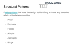 Structural Patterns
Design patterns that ease the design by identifying a simple way to realize
relationships between entities.
- Proxy
- Decorator
- Facade
- Adapter
- Aggregate
- Bridge
 