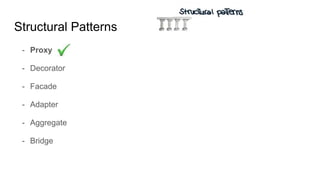 - Proxy
- Decorator
- Facade
- Adapter
- Aggregate
- Bridge
Structural Patterns
 