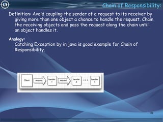 Chain of Responsibility:
Definition: Avoid coupling the sender of a request to its receiver by
giving more than one object a chance to handle the request. Chain
the receiving objects and pass the request along the chain until
an object handles it.
Analogy:
Catching Exception by in java is good example for Chain of
Responsibility.
118
 