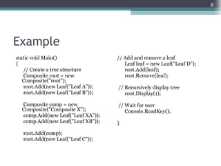 8




Example
static void Main()                 // Add and remove a leaf
{                                     Leaf leaf = new Leaf("Leaf D");
   // Create a tree structure         root.Add(leaf);
   Composite root = new               root.Remove(leaf);
   Composite("root");
   root.Add(new Leaf("Leaf A"));   // Recursively display tree
   root.Add(new Leaf("Leaf B"));      root.Display(1);

  Composite comp = new             // Wait for user
  Composite("Composite X");           Console.ReadKey();
  comp.Add(new Leaf("Leaf XA"));
  comp.Add(new Leaf("Leaf XB"));   }
   root.Add(comp);
   root.Add(new Leaf("Leaf C"));
 
