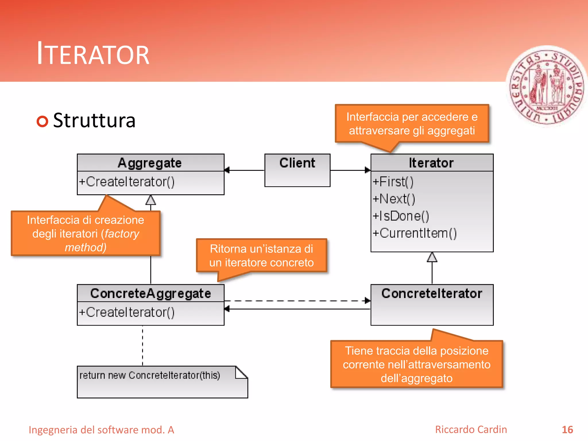 Ingegneria del software mod. A
ITERATOR
 Struttura
16Riccardo Cardin
Interfaccia per accedere e
attraversare gli aggregati
Tiene traccia della posizione
corrente nell’attraversamento
dell’aggregato
Interfaccia di creazione
degli iteratori (factory
method) Ritorna un’istanza di
un iteratore concreto
 