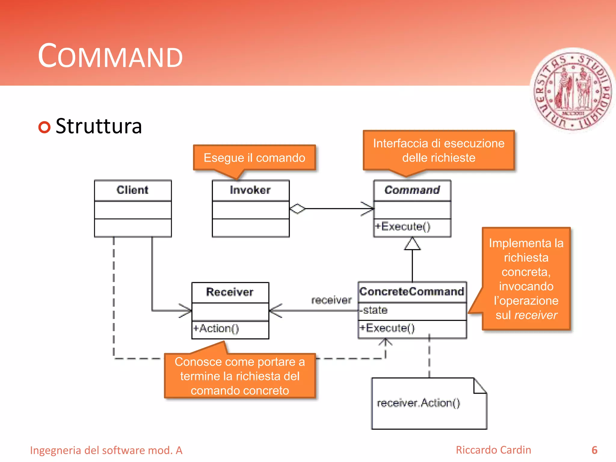 Ingegneria del software mod. A
COMMAND
 Struttura
6Riccardo Cardin
Interfaccia di esecuzione
delle richieste
Implementa la
richiesta
concreta,
invocando
l’operazione
sul receiver
Esegue il comando
Conosce come portare a
termine la richiesta del
comando concreto
 
