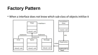 Factory Pattern 
? When a interface does not know which sub-class of objects initilize it 
 