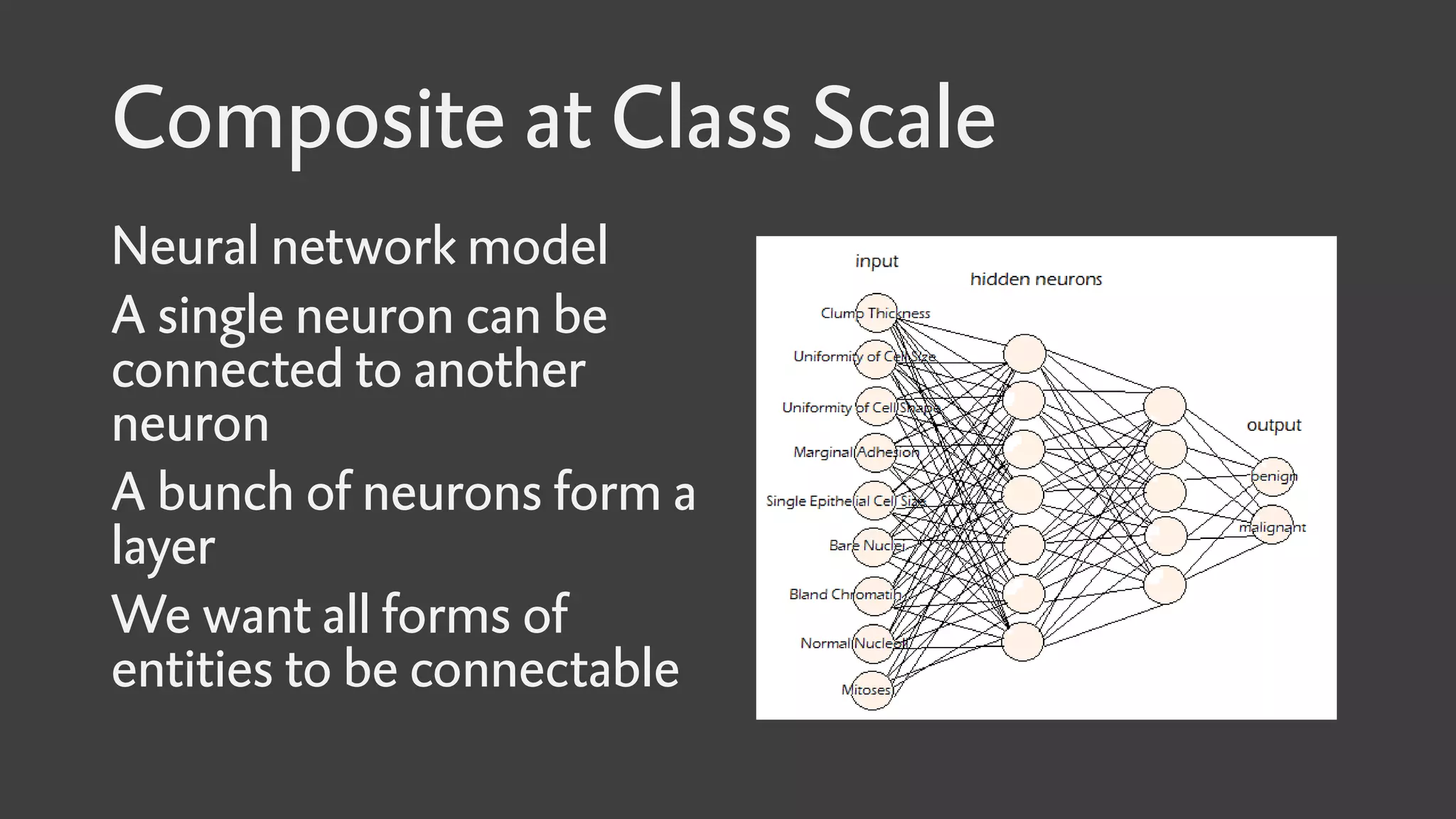 Composite at Class Scale
Neural network model
A single neuron can be
connected to another
neuron
A bunch of neurons form a
layer
We want all forms of
entities to be connectable
 