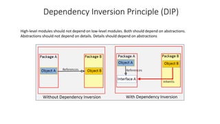 Dependency Inversion Principle (DIP)
High-level modules should not depend on low-level modules. Both should depend on abstractions.
Abstractions should not depend on details. Details should depend on abstractions
 