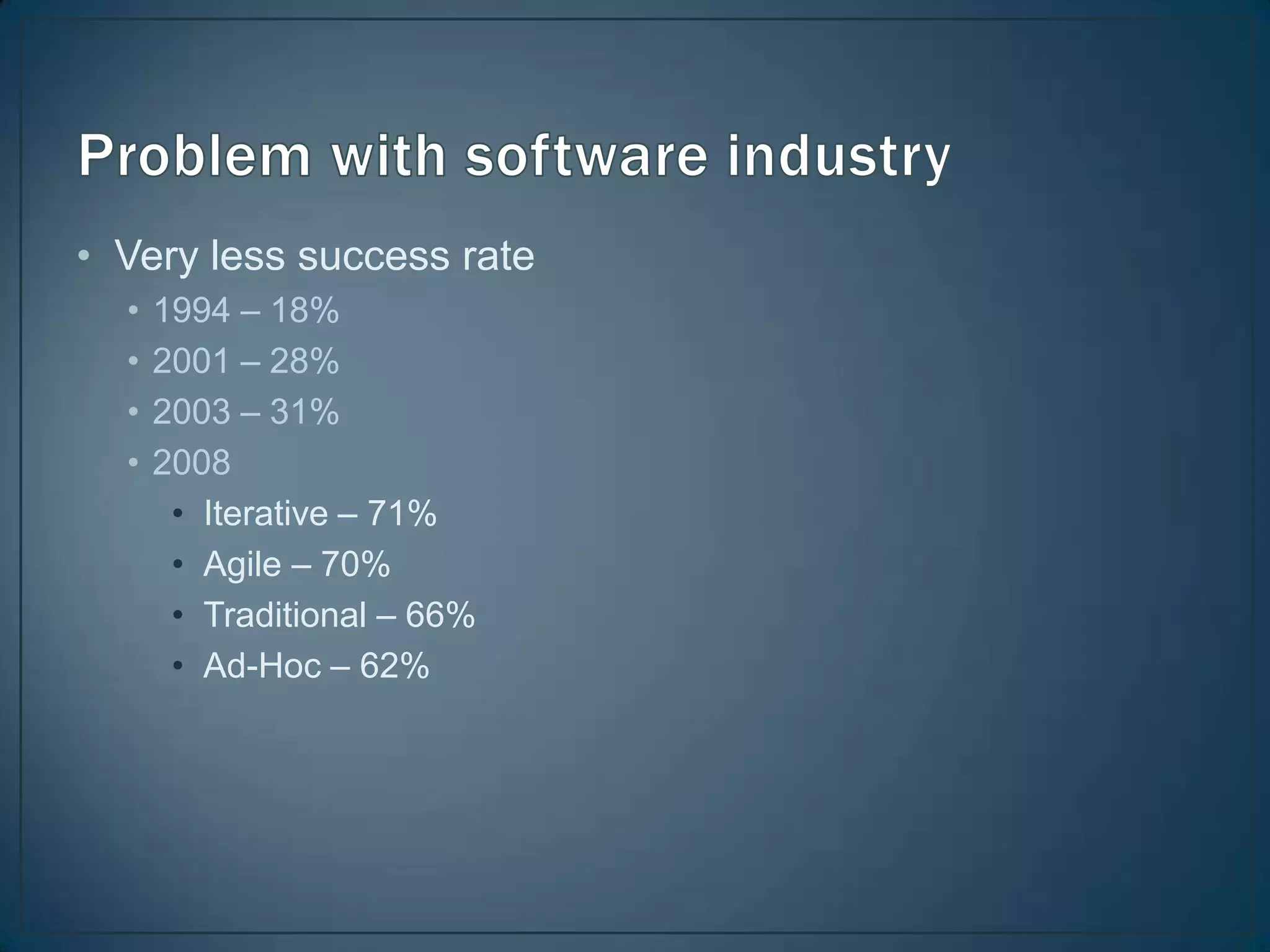 • Very less success rate
  •   1994 – 18%
  •   2001 – 28%
  •   2003 – 31%
  •   2008
       • Iterative – 71%
       • Agile – 70%
       • Traditional – 66%
       • Ad-Hoc – 62%
 