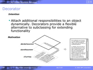 Decorator Attach additional responsibilities to an object dynamically. Decorators provide a flexible alternative to subclassing for extending functionality Intention Motivation 