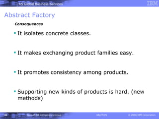 Abstract Factory It isolates concrete classes. It makes exchanging product families easy. It promotes consistency among products. Supporting new kinds of products is hard. (new methods) Consequences 