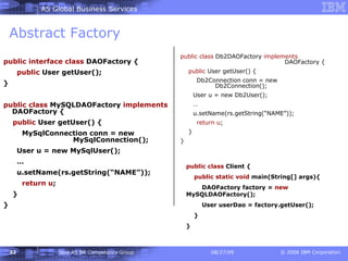 Abstract Factory public interface class  DAOFactory {   public  User getUser(); } public class  MySQLDAOFactory  implements  DAOFactory { public  User getUser() { MySqlConnection conn = new  MySqlConnection();   User u = new MySqlUser();   …   u.setName(rs.getString(“NAME”)); return   u ; } } public class  Client { public static void  main(String[] args){ DAOFactory factory =  new  MySQLDAOFactory(); User userDao = factory.getUser(); } } public class  Db2DAOFactory  implements   DAOFactory { public  User getUser() { Db2Connection conn = new  Db2Connection();   User u = new Db2User();   …   u.setName(rs.getString(“NAME”)); return   u ; } } 