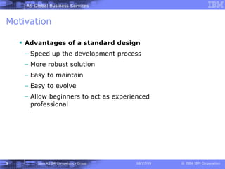 Motivation Advantages of a standard design Speed up the development process More robust solution Easy to maintain Easy to evolve Allow beginners to act as experienced professional 