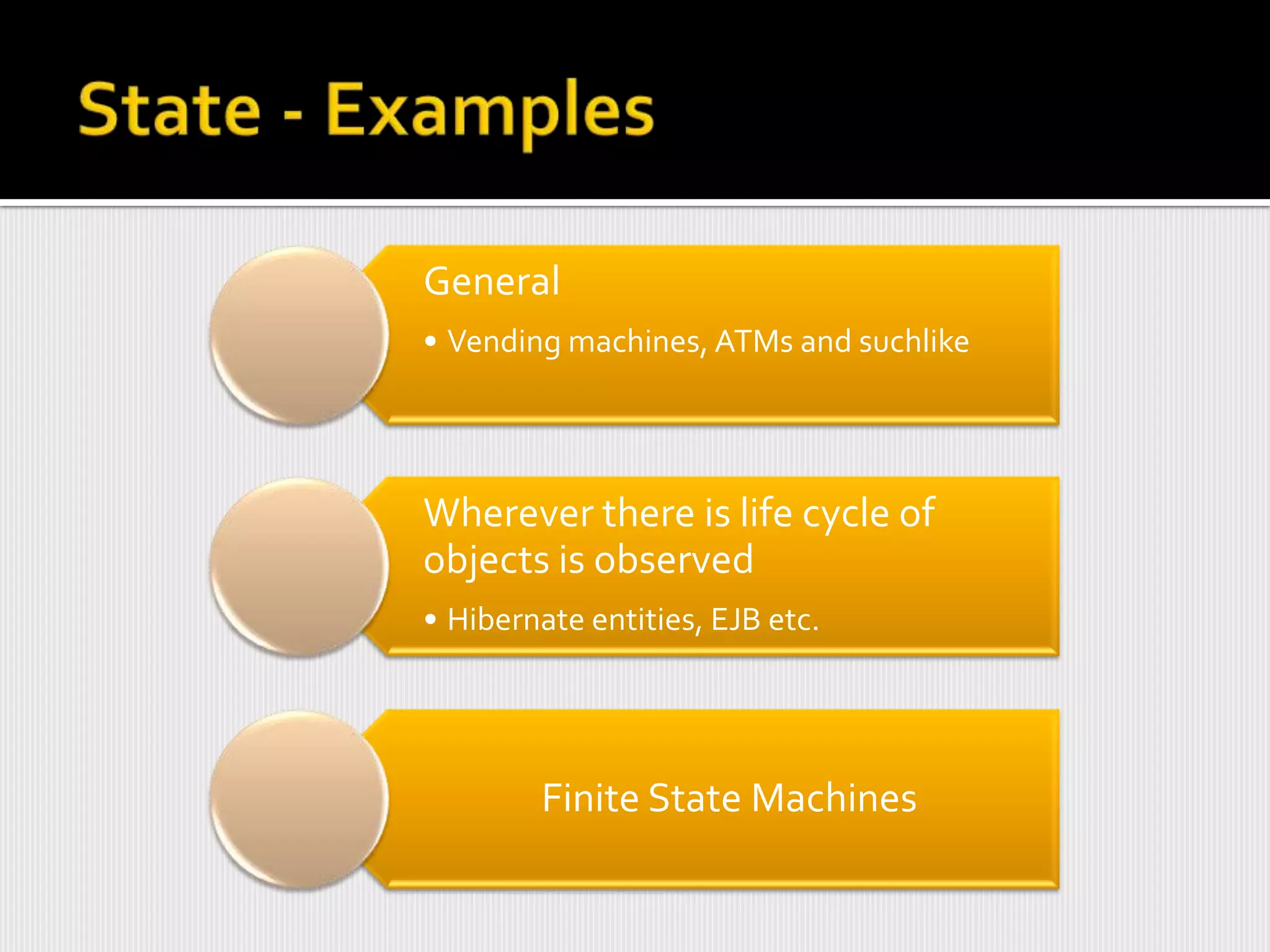 General
• Vending machines, ATMs and suchlike




Wherever there is life cycle of
objects is observed
• Hibernate entities, EJB etc.




        Finite State Machines
 