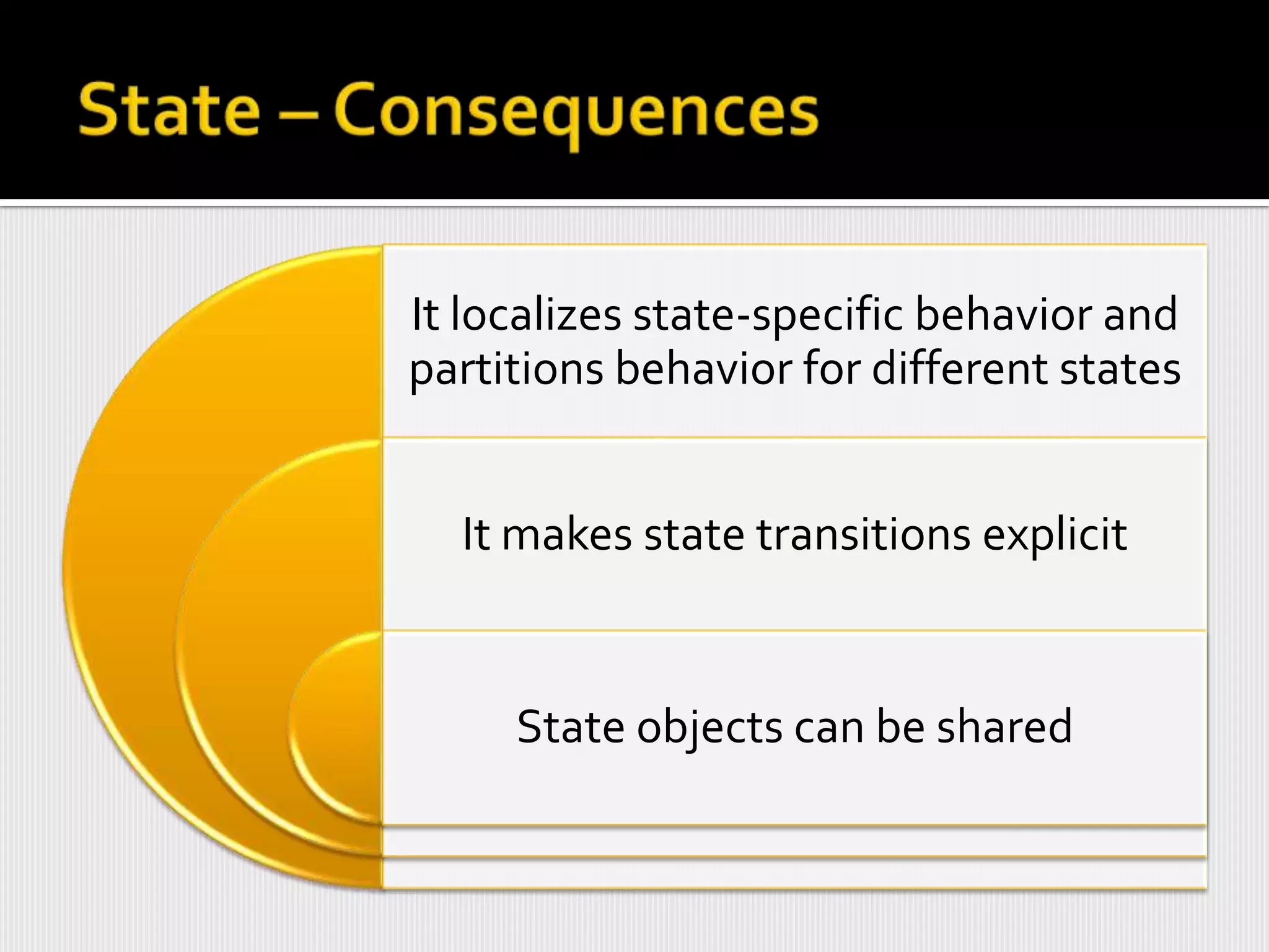 It localizes state-specific behavior and
partitions behavior for different states


  It makes state transitions explicit


     State objects can be shared
 