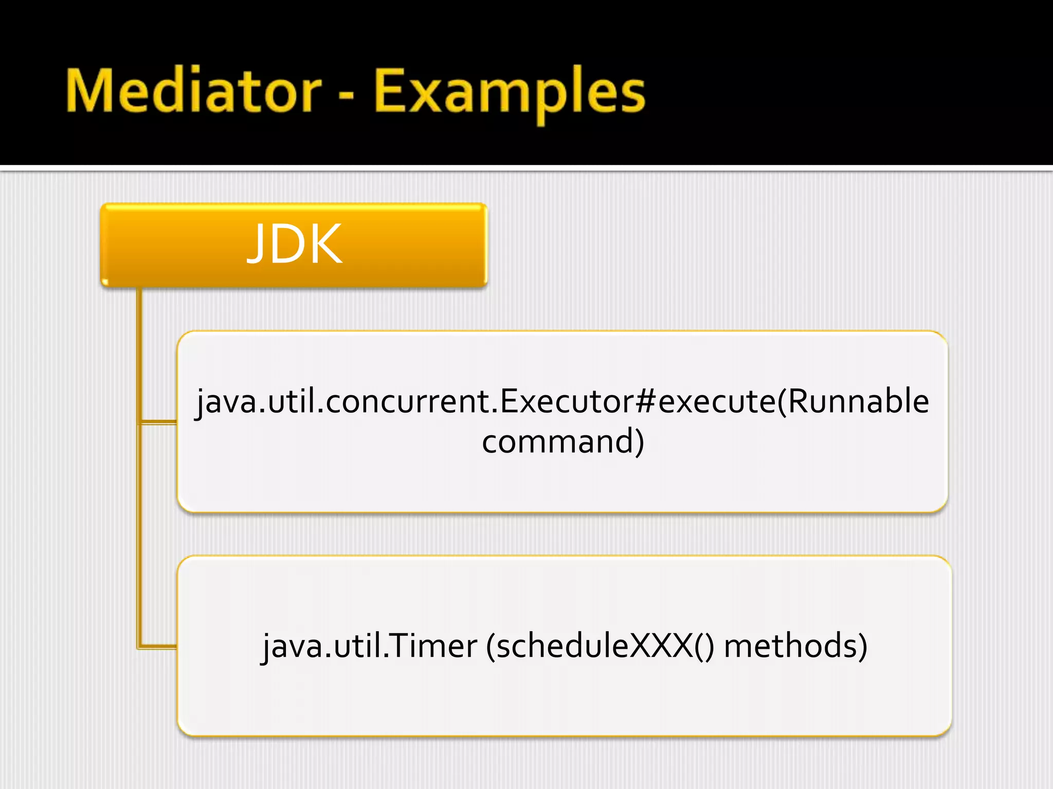 JDK

java.util.concurrent.Executor#execute(Runnable
                   command)




    java.util.Timer (scheduleXXX() methods)
 