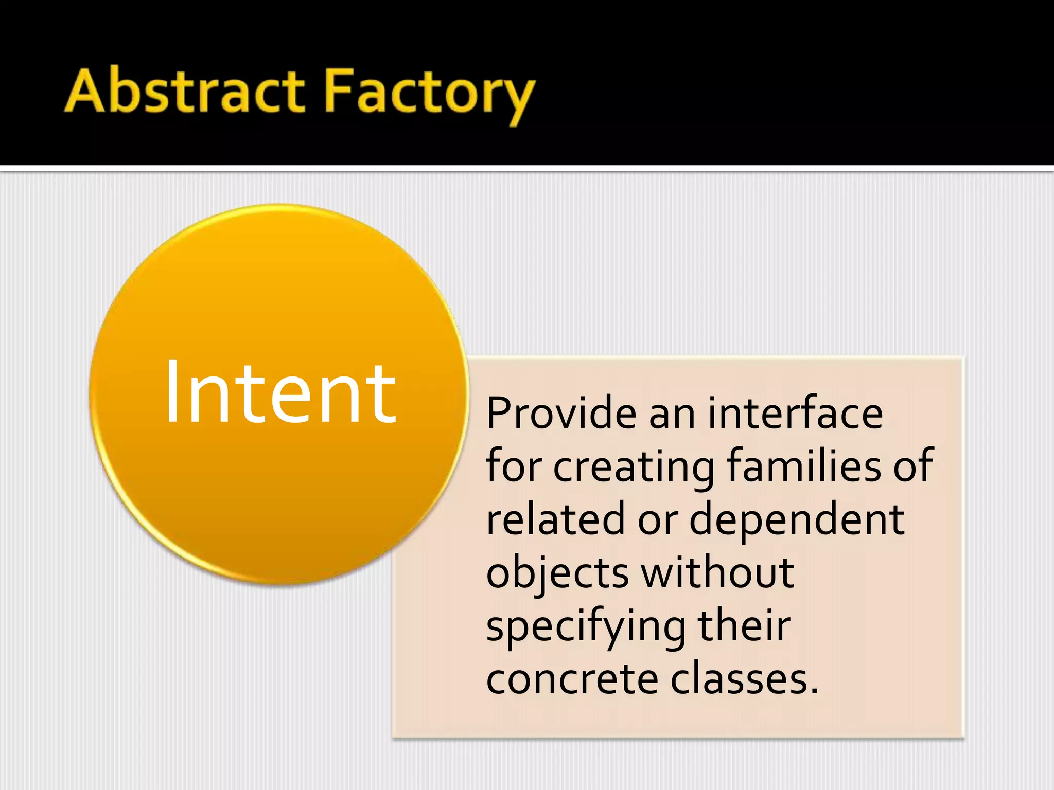 Intent   Provide an interface
         for creating families of
         related or dependent
         objects without
         specifying their
         concrete classes.
 