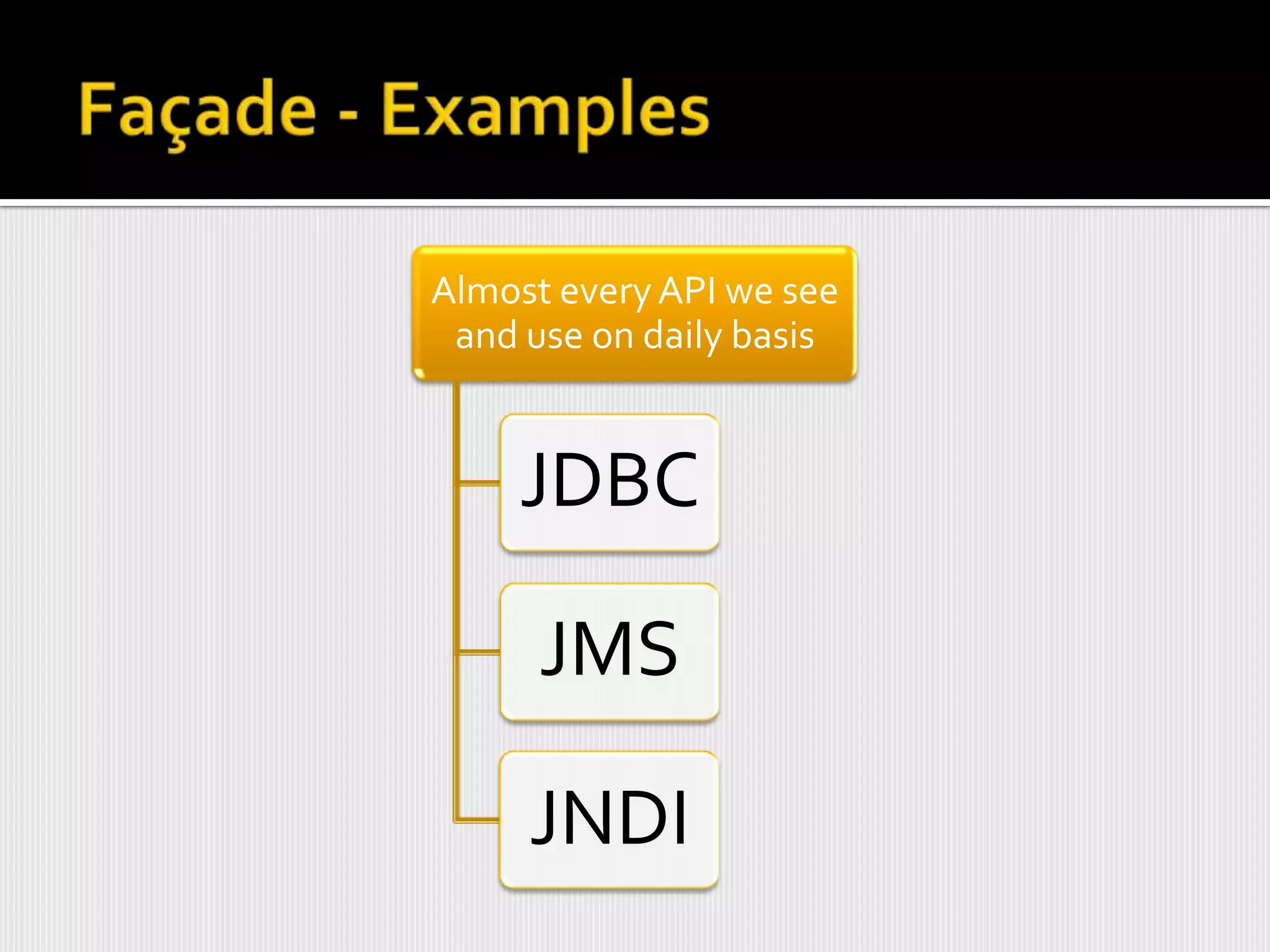 Almost every API we see
 and use on daily basis


     JDBC

      JMS

     JNDI
 