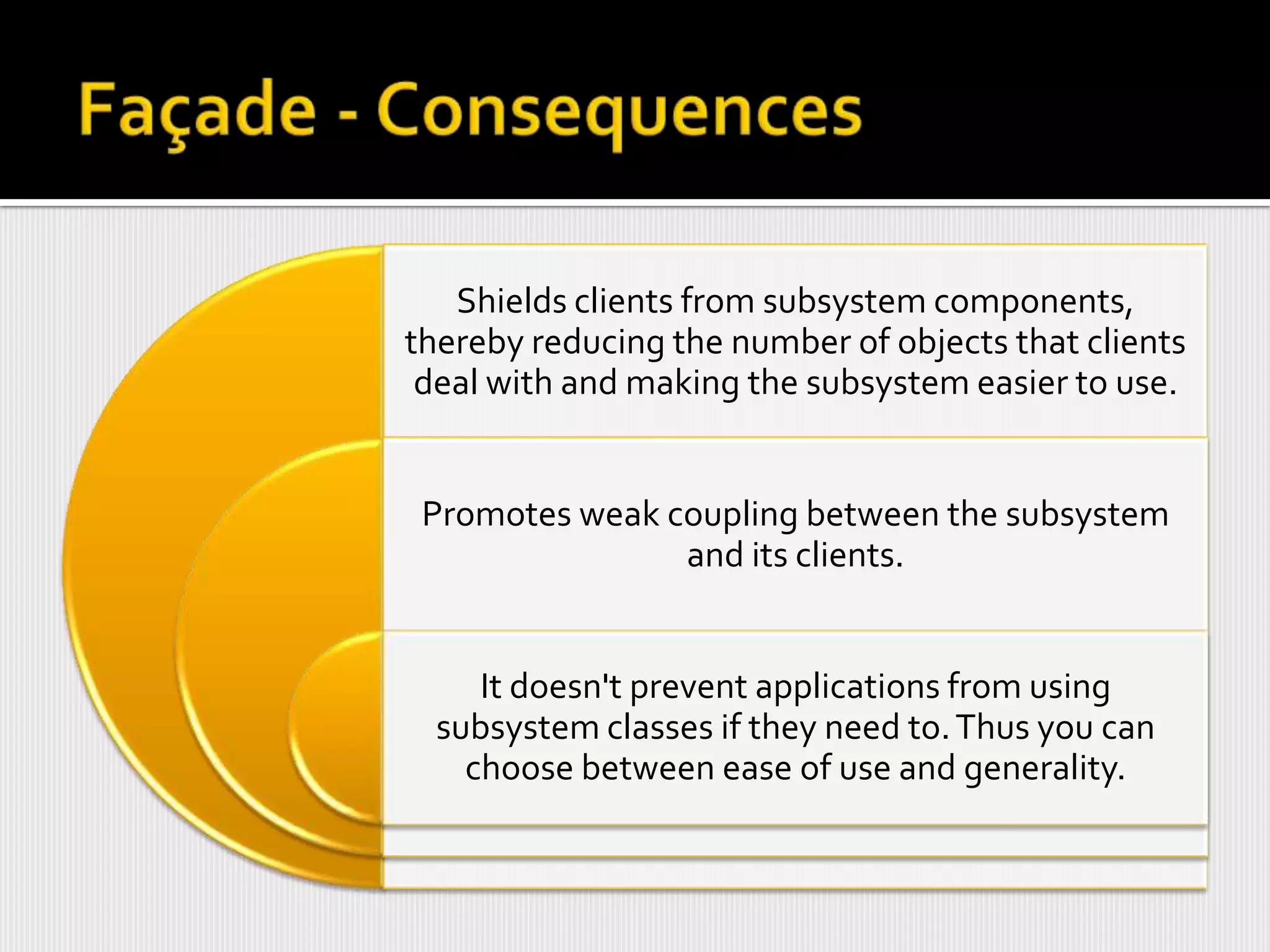 Shields clients from subsystem components,
thereby reducing the number of objects that clients
 deal with and making the subsystem easier to use.


 Promotes weak coupling between the subsystem
                and its clients.


     It doesn't prevent applications from using
  subsystem classes if they need to. Thus you can
    choose between ease of use and generality.
 