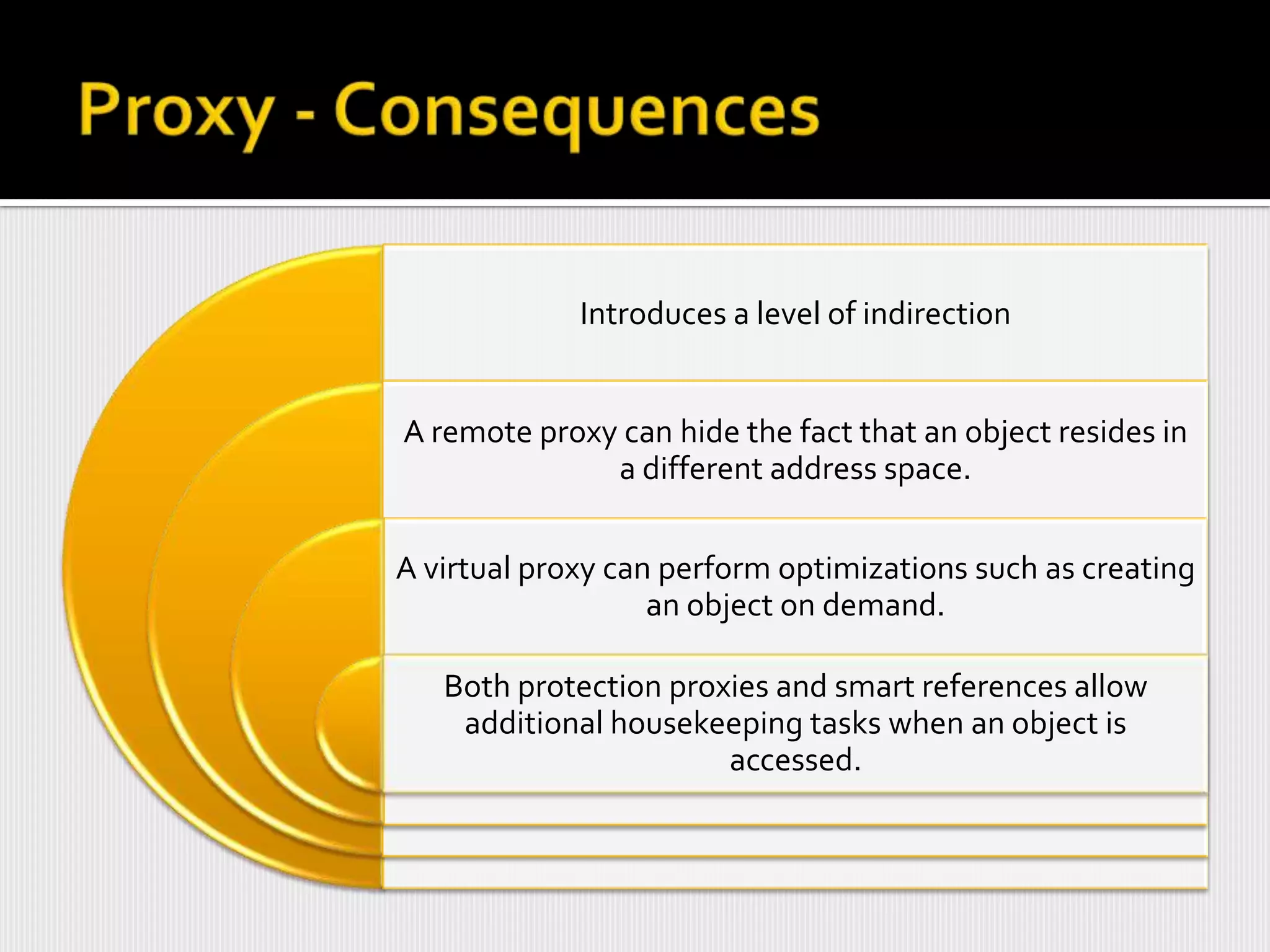 Introduces a level of indirection


A remote proxy can hide the fact that an object resides in
              a different address space.

A virtual proxy can perform optimizations such as creating
                   an object on demand.

   Both protection proxies and smart references allow
    additional housekeeping tasks when an object is
                       accessed.
 