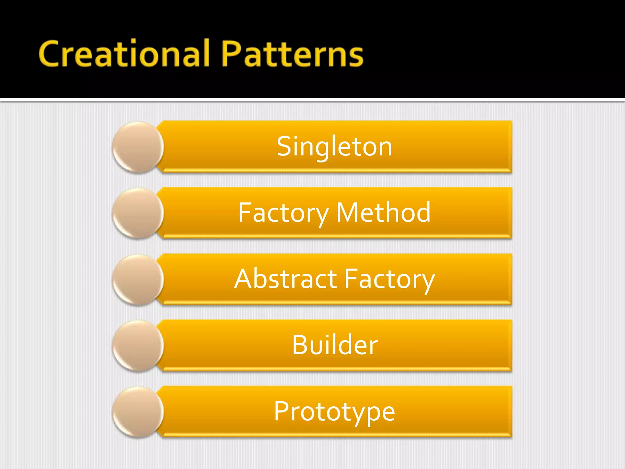 Singleton

Factory Method

Abstract Factory

    Builder

   Prototype
 