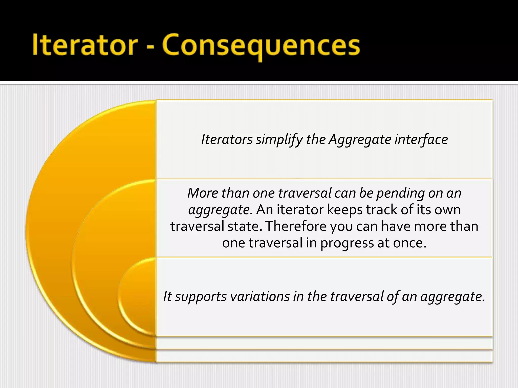 Iterators simplify the Aggregate interface


    More than one traversal can be pending on an
    aggregate. An iterator keeps track of its own
 traversal state. Therefore you can have more than
         one traversal in progress at once.


It supports variations in the traversal of an aggregate.
 