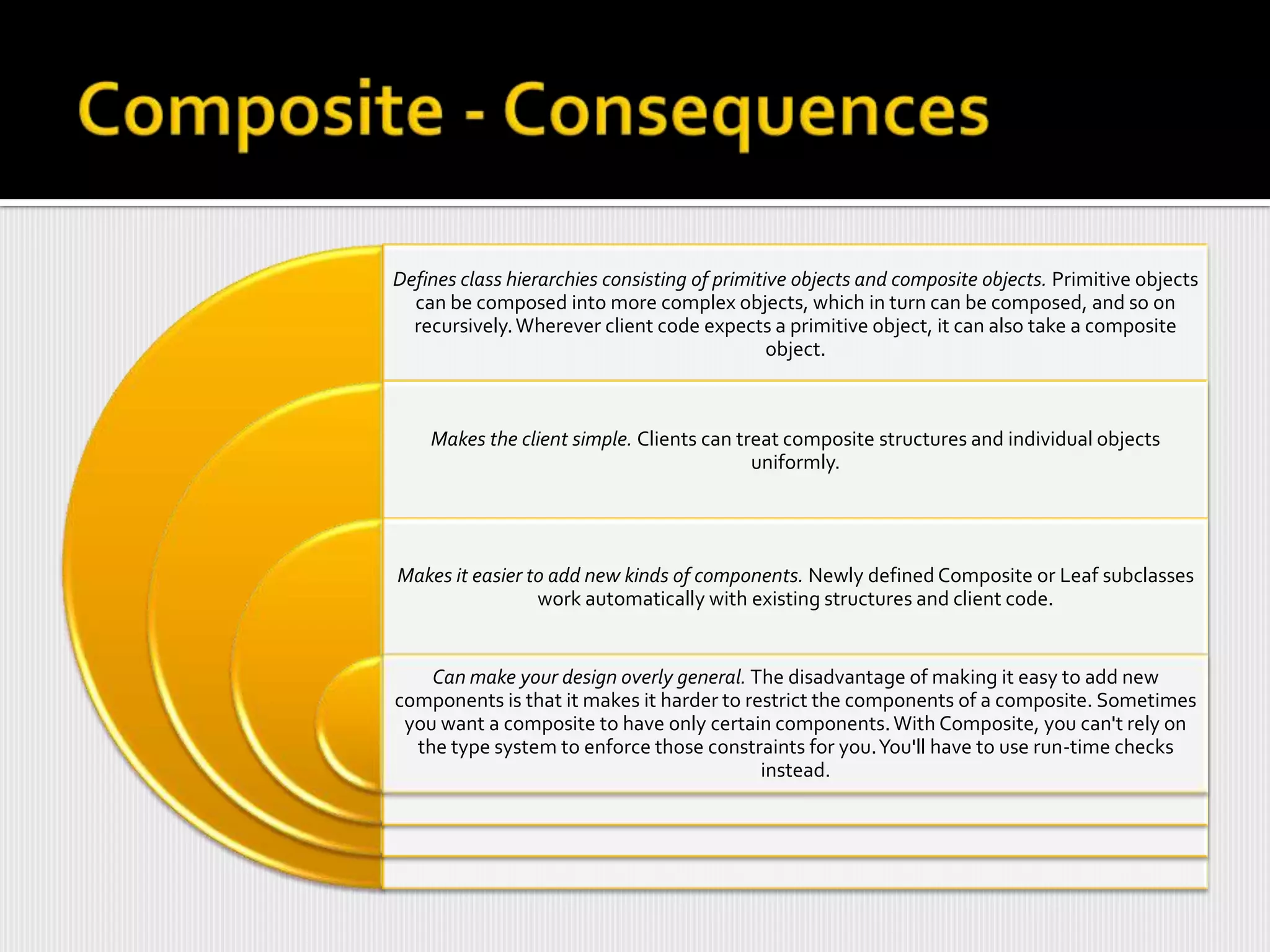 Defines class hierarchies consisting of primitive objects and composite objects. Primitive objects
  can be composed into more complex objects, which in turn can be composed, and so on
  recursively. Wherever client code expects a primitive object, it can also take a composite
                                               object.



    Makes the client simple. Clients can treat composite structures and individual objects
                                           uniformly.




Makes it easier to add new kinds of components. Newly defined Composite or Leaf subclasses
                 work automatically with existing structures and client code.


    Can make your design overly general. The disadvantage of making it easy to add new
components is that it makes it harder to restrict the components of a composite. Sometimes
 you want a composite to have only certain components. With Composite, you can't rely on
  the type system to enforce those constraints for you. You'll have to use run-time checks
                                           instead.
 