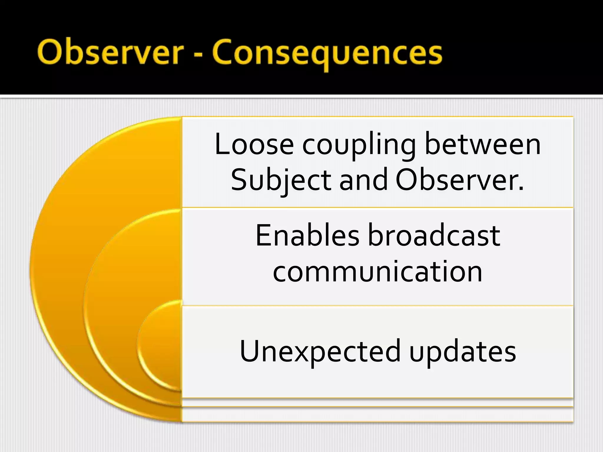 Loose coupling between
 Subject and Observer.
  Enables broadcast
   communication

 Unexpected updates
 