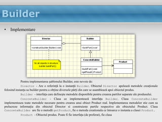 Builder
• Implementare




             Pentru implementarea șablonului Builder, este nevoie de:
             Director - Are o referință la o instanță Builder. Obiectul Director apelează metodele creaționale
folosind instanța sa builder pentru a obține diversele părți din care se asamblează apoi obiectul produs.
             Builder - interfața care definește metodele disponibile pentru crearea partilor separate ale produsului.
             ConcreteBuilder - Clasa ce implementează interfața Builder. Clasa ConcreteBuilder
implementeaza toate metodele necesare pentru crearea unui obiect Product real. Implementarea metodelor stie cum sa
prelucreze informația din obiectul Director si construieste partile respective ale obiectului Product. Clasa
ConcreteBuilder are fie o metodă getProduct, fie o metoda creationala ce întoarce o instanta a clasei Product.
             Product - Obiectul produs. Poate fi fie interfața (de preferat), fie clasa
 