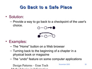 Design Patterns – Eran Toch
30November 2003
Go Back to a Safe PlaceGo Back to a Safe Place
• Solution:
– Provide a way to go back to a checkpoint of the user's
choice.
• Examples:
– The "Home" button on a Web browser
– Turning back to the beginning of a chapter in a
physical book or magazine
– The “undo" feature on some computer applications
 