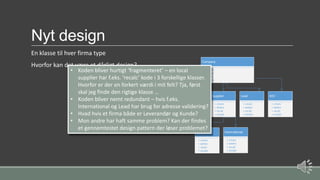 Nyt design
En klasse til hver firma type
Hvorfor kan det være et dårligt design?
Company
+ create
+ delete
+ recalc
+ isValid
Customer
+ create
+ delete
+ recalc
+ isValid
Supplier
+ create
+ delete
+ recalc
+ isValid
Lead
+ create
+ delete
+ recalc
+ isValid
XXX
+ create
+ delete
+ recalc
+ isValid
Local
+ create
+ delete
+ recalc
+ isValid
International
+ create
+ delete
+ recalc
+ isValid
• Koden bliver hurtigt ‘fragmenteret’ – en local
supplier har f.eks. ‘recalc’ kode i 3 forskellige klasser.
Hvorfor er der en forkert værdi i mit felt? Tja, først
skal jeg finde den rigtige klasse …
• Koden bliver nemt redundant – hvis f.eks.
International og Lead har brug for adresse validering?
• Hvad hvis et firma både er Leverandør og Kunde?
• Mon andre har haft samme problem? Kan der findes
et gennemtestet design pattern der løser problemet?
 
