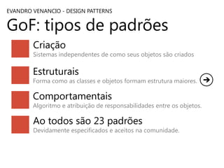 EVANDRO VENANCIO - DESIGN PATTERNS

GoF: tipos de padrões
Criação

Sistemas independentes de como seus objetos são criados

Estruturais

Forma como as classes e objetos formam estrutura maiores.

Comportamentais

Algoritmo e atribuição de responsabilidades entre os objetos.

Ao todos são 23 padrões

Devidamente especificados e aceitos na comunidade.

 