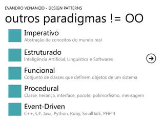 EVANDRO VENANCIO - DESIGN PATTERNS

outros paradigmas != OO
Imperativo

Abstração de conceitos do mundo real

Estruturado

Inteligência Artificial, Linguística e Softwares

Funcional

Conjunto de classes que definem objetos de um sistema

Procedural

Classe, herança, interface, pacote, polimorfismo, mensagem

Event-Driven

C++, C#, Java, Python, Ruby, SmallTalk, PHP 4

 