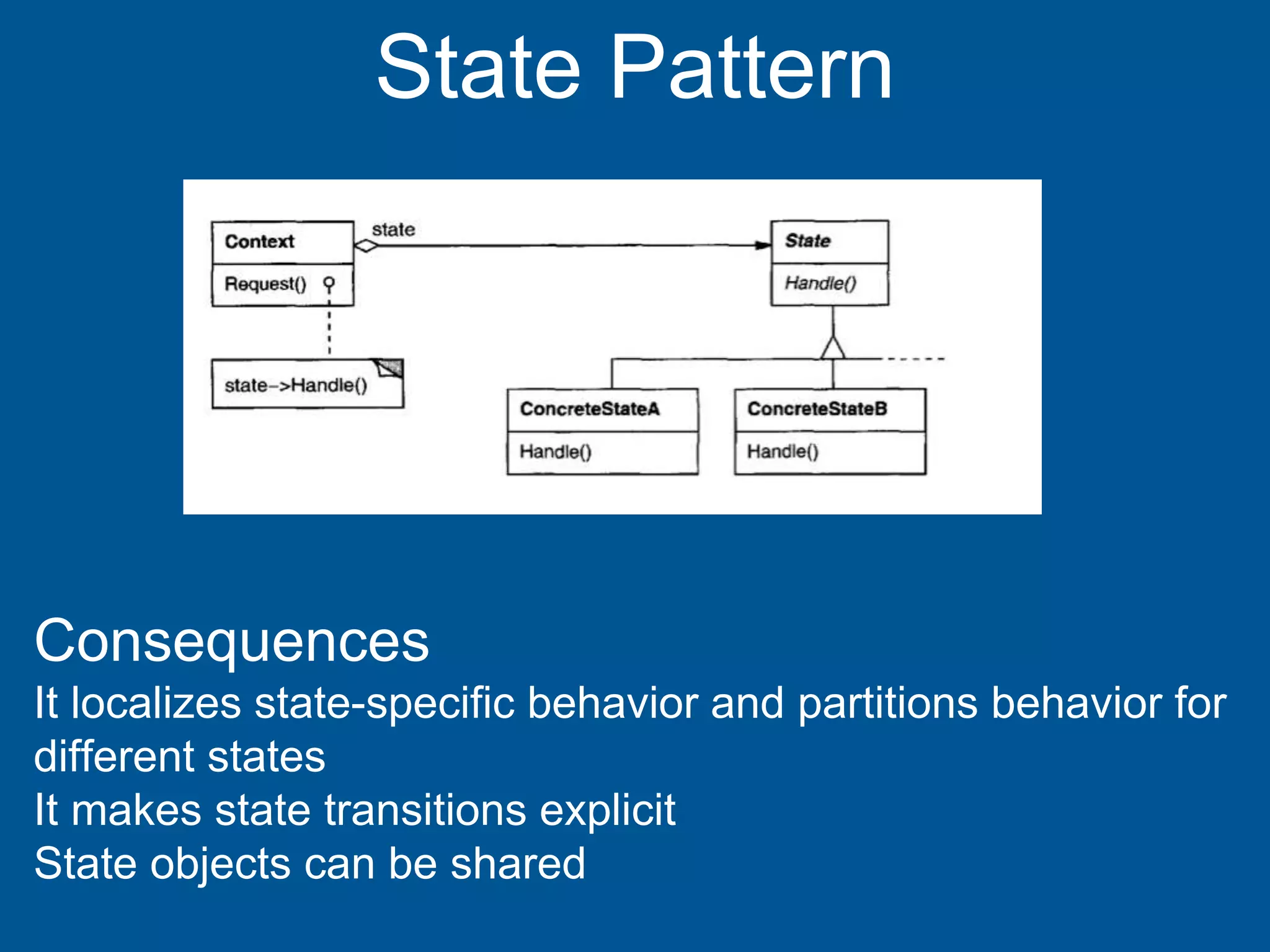 State Pattern
Consequences
It localizes state-specific behavior and partitions behavior for
different states
It makes state transitions explicit
State objects can be shared
 