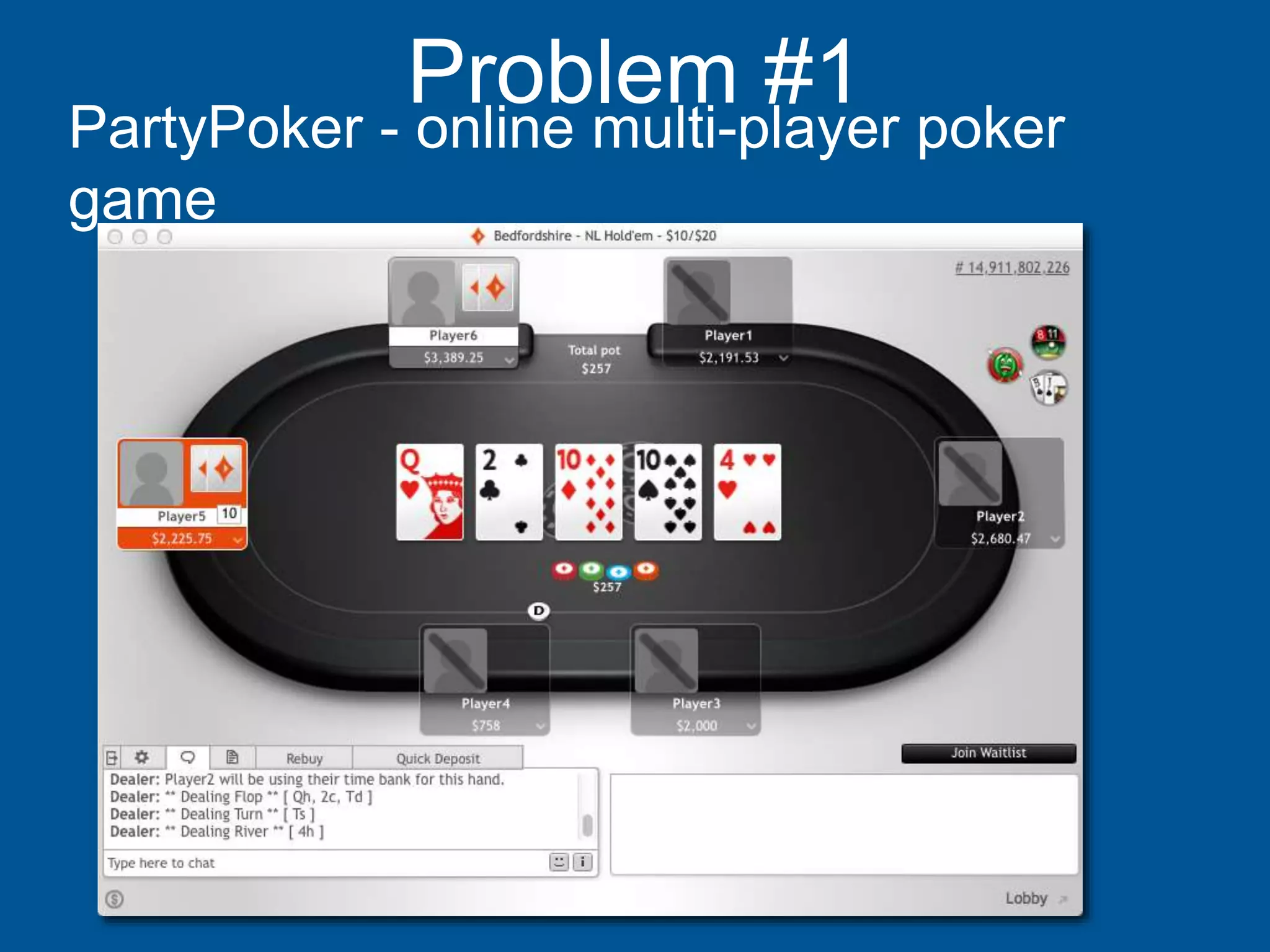Problem #1
PartyPoker - online multi-player poker
game
 