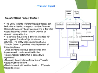 Transfer Object
Transfer Object Factory Strategy
• The Entity Inherits Transfer Object Strategy can
be further extended to support multiple Transfer
Objects for an entity bean by employing a Transfer
Object factory to create Transfer Objects on
demand using reflection.
• To achieve this, define a different interface for
each type of Transfer Object that must be
returned. The entity bean implementation of
Transfer Object superclass must implement all
these interfaces.
Once all interfaces have been defined and
implemented, create a method in the
TransferObjectFactory that is passed two
arguments:
-The entity bean instance for which a Transfer
Object must be created.
-The interface that identifies the kind of Transfer
Object to create.
 