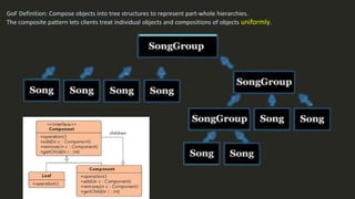 GoF Definition: Compose objects into tree structures to represent part-whole hierarchies.
The composite pattern lets clients treat individual objects and compositions of objects uniformly.
 