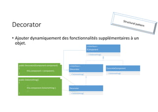 Decorator
• Ajouter dynamiquement des fonctionnalités supplémentaires à un
objet.
<<Interface>>
IComponent
+ DoSomething()
ConcreteComponent
+ DoSomething()
<<Interface>>
IDecorator
+ DoSomething()
Decorator
+ DoSomething()
public Decorator(IComponent component)
{
this.component = component;
}
public DoSomething()
{
...
this.component.DoSomething-);
...
}
 