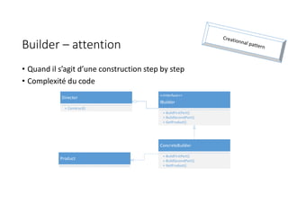 Builder – attention
• Quand il s’agit d’une construction step by step
• Complexité du code
Director
+ Construct()
<<Interface>>
IBuilder
+ BuildFirstPart()
+ BuildSecondPart()
+ GetProduct()
ConcreteBuilder
+ BuildFirstPart()
+ BuildSecondPart()
+ GetProduct()
Product
 