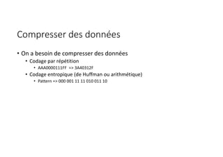 Compresser des données
• On a besoin de compresser des données
• Codage par répétition
• AAA0000111FF => 3A40312F
• Codage entropique (de Huffman ou arithmétique)
• Pattern => 000 001 11 11 010 011 10
 