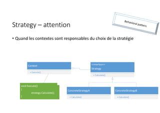 Strategy – attention
• Quand les contextes sont responsables du choix de la stratégie
ConcreteStrategyA
+ Calculate()
<<Interface>>
Strategy
+ Calculate()
ConcreteStrategyB
+ Calculate()
Context
+ Execute()
void Execute()
{
strategy.Calculate();
}
 
