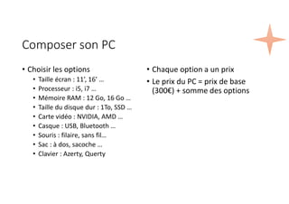Composer son PC
• Choisir les options
• Taille écran : 11’, 16’ …
• Processeur : i5, i7 …
• Mémoire RAM : 12 Go, 16 Go …
• Taille du disque dur : 1To, SSD …
• Carte vidéo : NVIDIA, AMD …
• Casque : USB, Bluetooth …
• Souris : filaire, sans fil…
• Sac : à dos, sacoche …
• Clavier : Azerty, Querty
• Chaque option a un prix
• Le prix du PC = prix de base
(300€) + somme des options
 