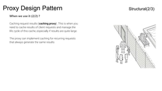 Proxy Design Pattern Structural(2/3)
When we use it (2/2) ?
Caching request results (caching proxy). This is when you
need to cache results of client requests and manage the
life cycle of this cache, especially if results are quite large.
The proxy can implement caching for recurring requests
that always generate the same results
 