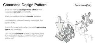 Command Design Pattern Behavioral(3/4)
-When you want to queue operations, schedule their
execution, or execute them remotely.
-when you want to implement reversible operations.
(undo/redo, the Command pattern is perhaps the most
popular of all.)
-Use the Command pattern when you want to parametrize
objects with operations.
( you can pass commands as method arguments, store
them inside other objects, switch linked commands at
runtime, etc.)
 