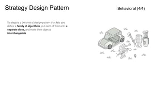 Strategy Design Pattern Behavioral (4/4)
Strategy is a behavioral design pattern that lets you
define a family of algorithms, put each of them into a
separate class, and make their objects
interchangeable.
 