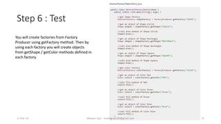 Step 6 : Test
You will create factories from Factory
Producer using getFactory method. Then by
using each factory you will create objects
from getShape / getColor methods defined in
each factory.
17-Dec-14 Mudasir Qazi - mudasirqazi00@gmail.com 12
 