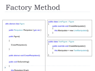 Factory Method public abstract class  Figure { public  Manipulator  Manipulator {  get; set;  } public  Figure() { CreateManipulator(); } public abstract void CreateManipulator(); public void  DoSomething() { this .Manipulator.Drag(); } } public class  LineFigure : Figure { public override void  CreateManipulator() { this. Manipulator = new   LineManipulator (); } } public class  TextFigure : Figure { public override void  CreateManipulator() { this .Manipulator = new   TextManipulator (); } } 