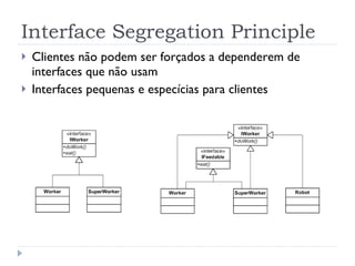 Interface Segregation Principle Clientes não podem ser forçados a dependerem de interfaces que não usam Interfaces pequenas e especícias para clientes 