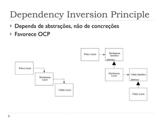 Dependency Inversion Principle Dependa de abstrações, não de concreções Favorece OCP 